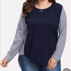 SHEIN Plus Contrast Pinstriped Dip Hem Blouse